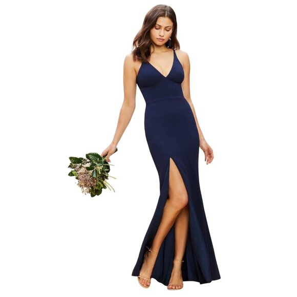 Dress The Population Iris Crepe Maxi Dress Size M Navy Blue Formal Bridesmaid - Picture 1 of 12